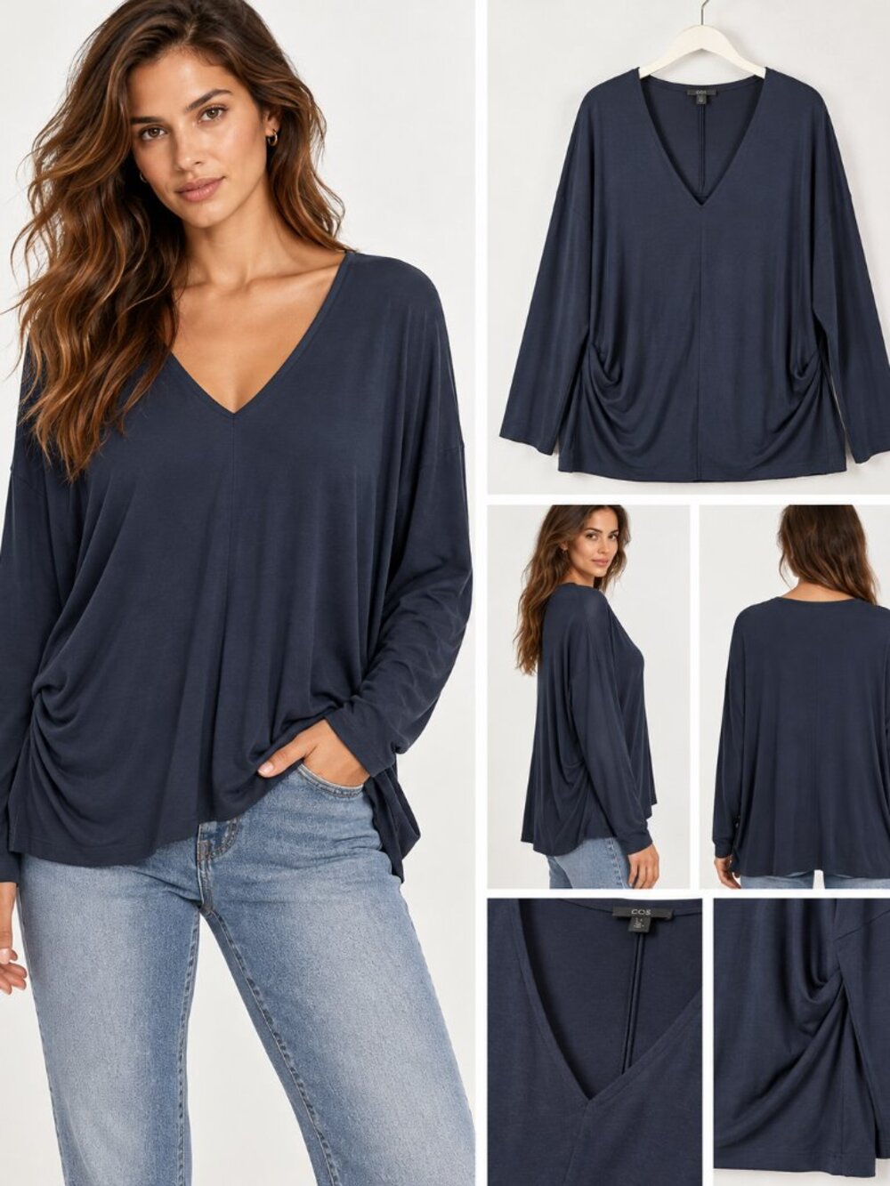 COS Navy Blue Lyocell Draped V-Neck Oversized Tunic Top Size S